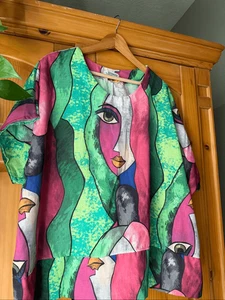 Impresión artística italiana transparente de lino con diseño de caras abstractas talla XL - Imagen 1 de 11