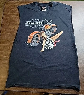Camisa grande Harley Davidson mangas cortadas Route 66 y niña en vestido a rayas Foto 1 de 4