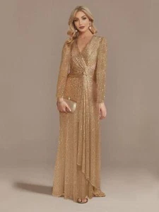 2023 Luxury Long Sleeve V-neck Evening Dress Party Women's Sequins Dress - Picture 1 of 35