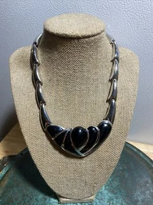 Napier Halskette schwarz Emaille silberfarben Choker Vintage signiert - Bild 1 von 12