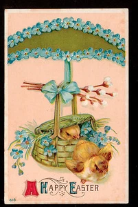 c1912 Umbrella forget me not basket chicks Easter postcard - Picture 1 of 1