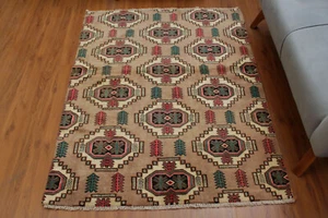 4x5 Handmade Geometric Decor Oriental Brown Wool Vintage Area Rug Traditional - Picture 1 of 15