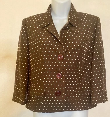 复古 Donna Morgan Blazer 尺寸 4 棕色白色圆点印花丝绸 — 第 1/4 张图片