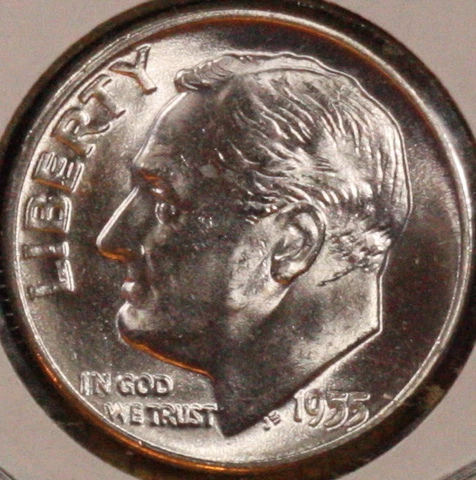 1955 P Roosevelt Dime  CH BU  LUSTER! 90% Silver US Coin  OBW ROLL Cover
