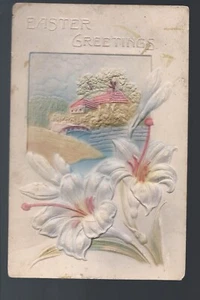 EASTER GREETINGS Postcard Airbrushed lilies country scene Embossed heavy #8 - Picture 1 of 2