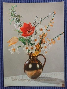 Old Postcard Tulips Forsythia Ceramic Vase Greeting Card - Picture 1 of 2