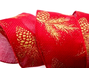 Gold Glitter Pinecones 2.5" by 5 yards Red Royal Burlap Wired Ribbon Winter - Picture 1 of 5