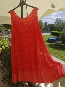  Boho Häkelspitze Kleid Lachsfarbe Tunika 44 46  Made In Italy  A Form  Neu - Bild 1 von 3