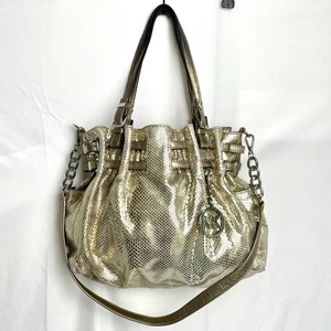 Michael Kors Gold Metallic Snake Embossed Hobo Tote Shoulder Bag MK Charm - Picture 1 of 12