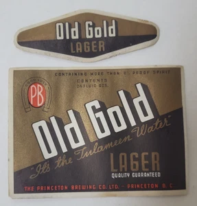 Old Gold Lager Beer Bottle Label 24oz Princeton Brewing Princeton BC Canada 2pc - Picture 1 of 4