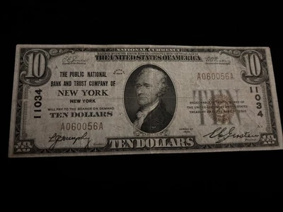 1929 $10 PUBLIC NATIONAL BANK & TRUST CO NEW YORK NY NATIONAL CURRENCY Ch#11034 - Image 1 of 4