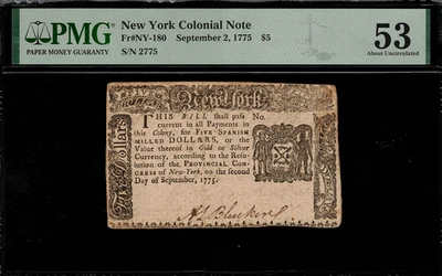 NY-180 New York Colonial Currency - September 2 1775 - $5 - Graded PMG 53 - Image 1 of 2