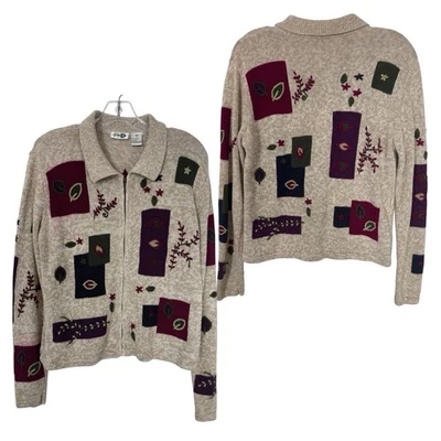 Retro 90s Paul Harris Design Beige Embroidered Floral Cardigan M Cozy Cottage - Image 1 of 4