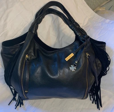 LUCKY BRAND Large Black Soft Leather Hobo Handbag Purse with Sueded Tassels - Image 1 of 4