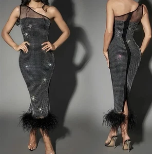 NEW One Shoulder Sparkle Studded Fitted Black Dress With Stretch Feather Bottom - Picture 1 of 7