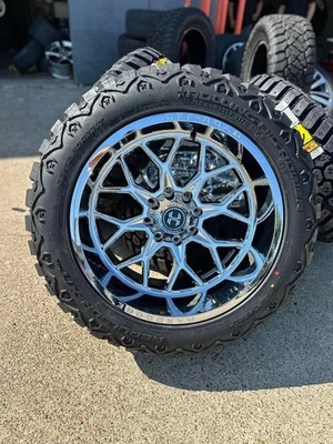 22x12 HARDCORE HC104 CHROME RIMS WHEEL  WITH 35125022 TIRES 8X180 GMC CHEVY 2500 - Image 1 of 4