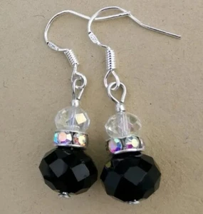 BLACK CRYSTAL & AURORA BOREALIS STERLING SILVER EARRINGS NEW 20mm DROPS  - Picture 1 of 6