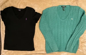 Ladies Ralph Lauren M Sport Black SS Tee & Lauren Green Cableknit Sweater PM - Picture 1 of 10