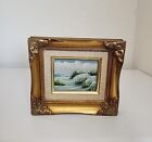 Peinture à l'huile vintage cadre orné nuages nuages ​​plage oiseaux herbe art 9"x7,75" petit