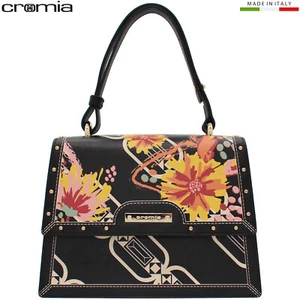Cromia designer Satchel small handbag black leather floral pattern Made in Italy - Picture 1 of 10