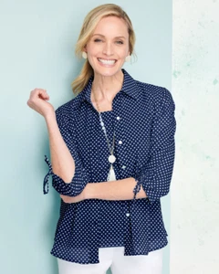Top para mujer Draper's & Damon estampado de puntos de gasa manga 3/4 mediano clásico azul marino - Imagen 1 de 1