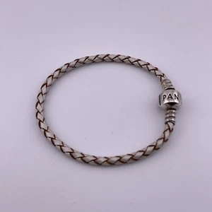 Pandora Leder geflochtenes Armband Sterling Fassverschluss Perle weiß Gr. 6,75" - Bild 1 von 5
