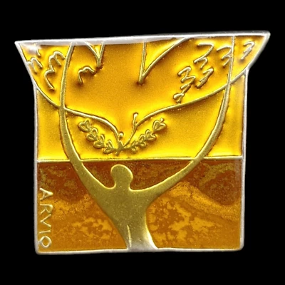 Rachel Arvio Metal Enamel Brooch Pin - 1.5" Gold Brown Pewter Person Dove Peace - Image 1 of 4