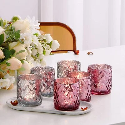 Paquete de 6 Candelabros Votivos Rosa y Plata, 3.14" Vidrio Tealight Candelabro Repujado Foto 1 de 4