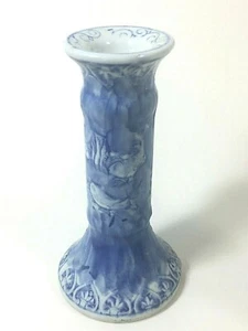 Art Pottery Candlestick Candle Holder Blue and White Swirl - Picture 1 of 12