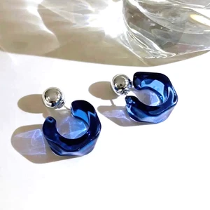Blue Acrylic C Hoop Earrings – Geometric, Lightweight, Vintage Style - Picture 1 of 3