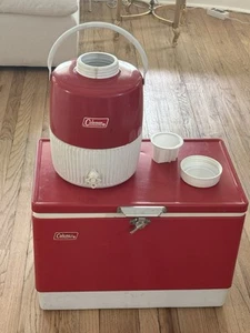 VTG Red Coleman Steel Belted 54 QT Cooler 1988 & 2 Gallon Thermos W/Lid - Picture 1 of 12
