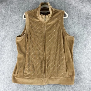 Quacker Factory Velour Vest Women XL Tan Rhinestone Bling Full Zip Quilted Artsy - Picture 1 of 14