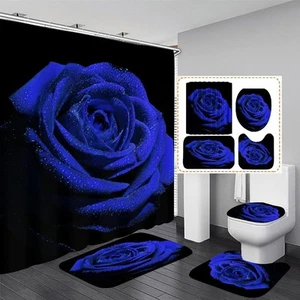 4PCS Royal Blue Rose Shower Curtain Set with Rugs and Accessories Non-Slip - Picture 1 of 7