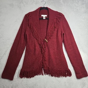Susan Bristol 25% Wool Burgandy Wine Fringed Cozy Cardigan Toggle Button Sz M - Picture 1 of 14