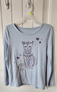 PLACE Long Sleeve Cat Shirt Size L (10/12) Blue Sequin Glitter Hearts Graphic - Picture 1 of 5