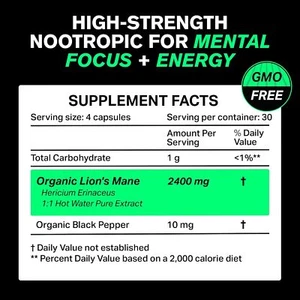 Organic Lions Mane Supplement Capsules 2400 mg - Powerful Nootropic !!!!!!!!!!! - Picture 1 of 3