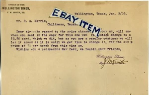 1905 Texas NEWSPAPER letterhead WELLINGTON TIMES J. M. Smith EDITOR Panhandle - Picture 1 of 1