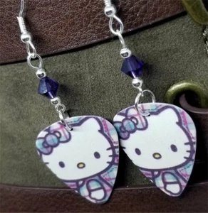 Hello Kitty Guitar Pick Earrings with Purple Swarovski Crystals - Picture 1 of 4