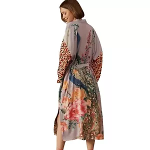Peacock Floral Satin Kimono Robe Womens OS Purple Belted Mandarin Midi NEW Silky - Picture 1 of 3