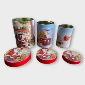 Vintage Set of 3 Metal Nesting Canisters Tins Santa Christmas *new - Picture 1 of 11