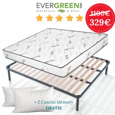 EVERGREENWEB Materasso Matrimoniale ALOE Antiacaro Rete a Doghe e Cuscini MemoryFoam OFFERTA!