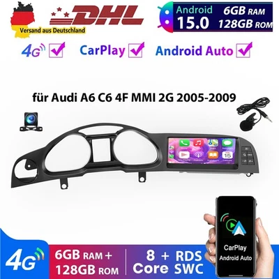 8.8" Android 15 Carplay 6+128GB Autoradio GPS KAM Für Audi A6 C6 4F MMI 2G 05-09 - Bild 1 von 4