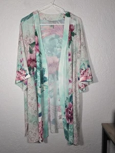 Catherines Kimono Topper Swim Cover Floral Bird Crane Print Open Front Plus 3X - Picture 1 of 5