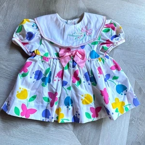 Vintage 90s Dress 18 Months Butterfly Floral Collar Embroider Baby Toddler Girls - Picture 1 of 10
