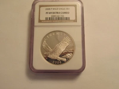 Dólar de plata 2008 P US Mint Bald Eagle Proof, NGC PR69 Ultra camafeo Foto 1 de 4