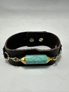 Brown Leather Bracelet w Turquoise Tone Bead Gold Tone Accents 8.5 In Preowned - Picture 1 of 4