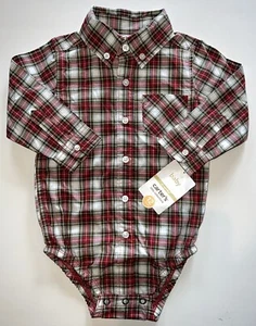 BOYS GIRLS RED & GREEN PLAID BUTTON DOWN 100% COTTON DRESS SHIRT Sz 12M NWT - Picture 1 of 5