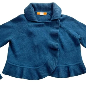 Cynthia Steffe Women 100% Cashmere Ruffle Trim Crop Cardigan Sweater Drk Teal, M - Picture 1 of 15