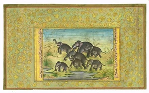 Wild Art Miniature Painting Of A Elephant Herd Vintage Handmade Art 11.5x7 Inche - Picture 1 of 7