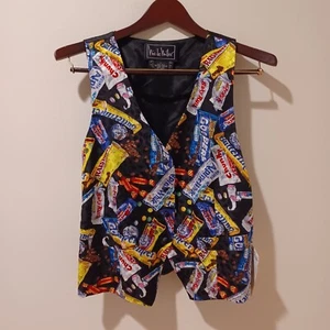 NWT Vintage NICOLE MILLER 100% Silk Waist Coat Vest Sweets Candy Print Size L - Picture 1 of 10